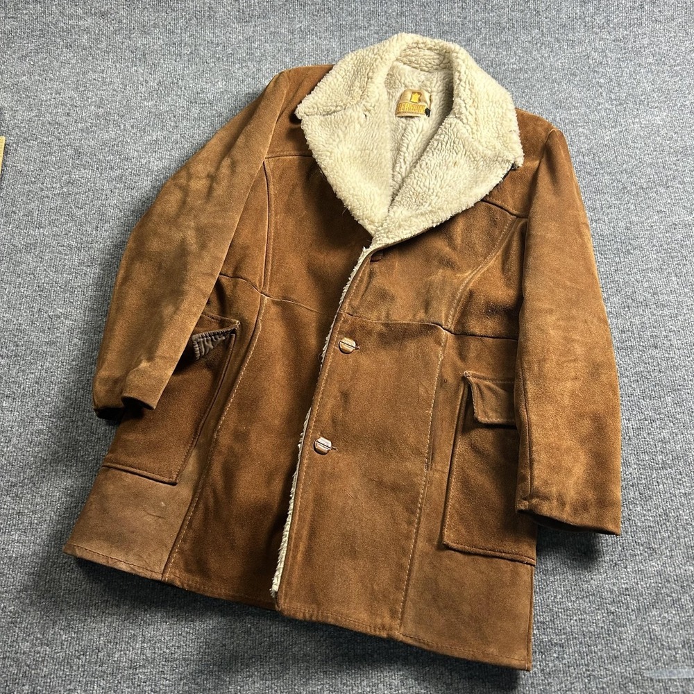 Vintage Bermans Suede Coat Mens 40 Brown Sherpa Lined Shawl Collar Overcoat 70s
